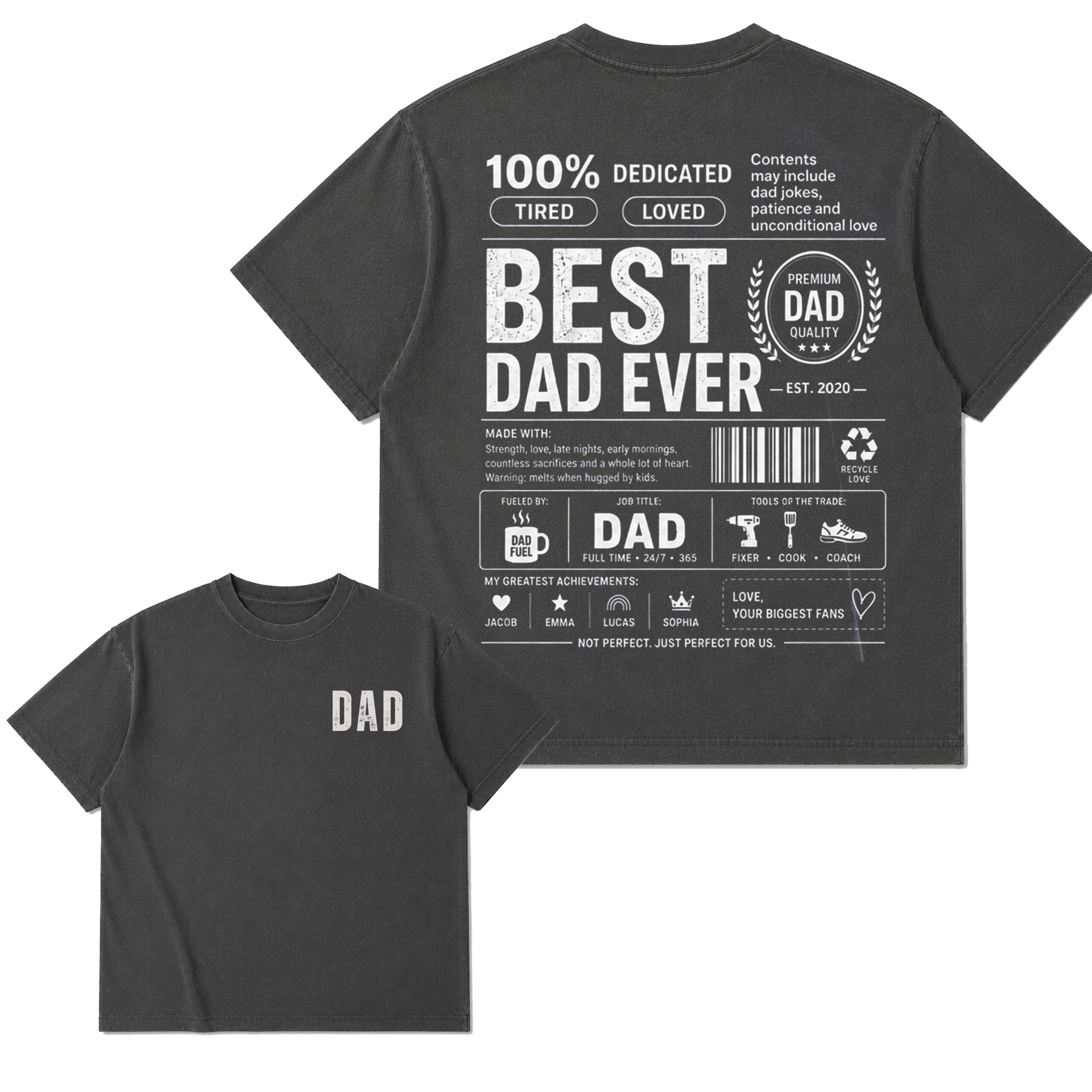 Personalized Best Dad Ever Shirt, Custom Kids Names Dad Tee, Fathers Day Gift for Dad, Vintage Oversized Father Shirt