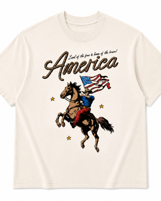 Western America T Shirt Cowboy Waving American Flag Retro Graphic Tee Land of the Free Patriotic Tshirt Vintage Style Fourth of July Shirts