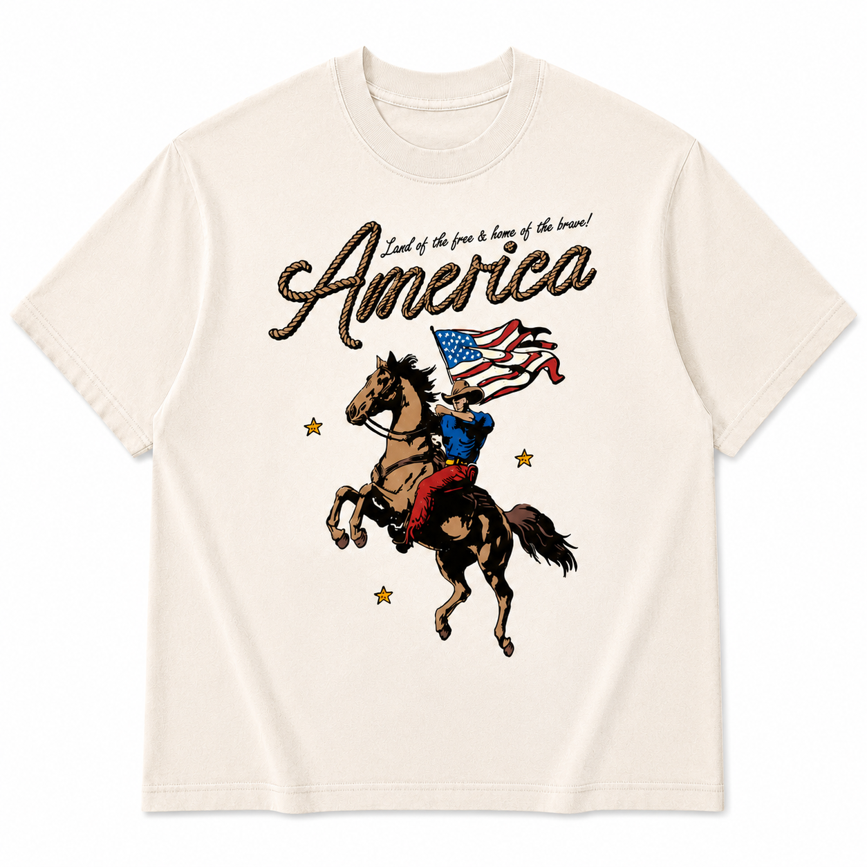 Western America T Shirt Cowboy Waving American Flag Retro Graphic Tee Land of the Free Patriotic Tshirt Vintage Style Fourth of July Shirts