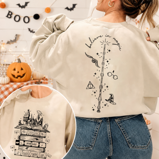 Believe in Magic Vintage Wizard Sweatshirt, Fantasy Book Lover Crewneck, Magical Wand Graphic Pullover, Cozy Fall Halloween Gift