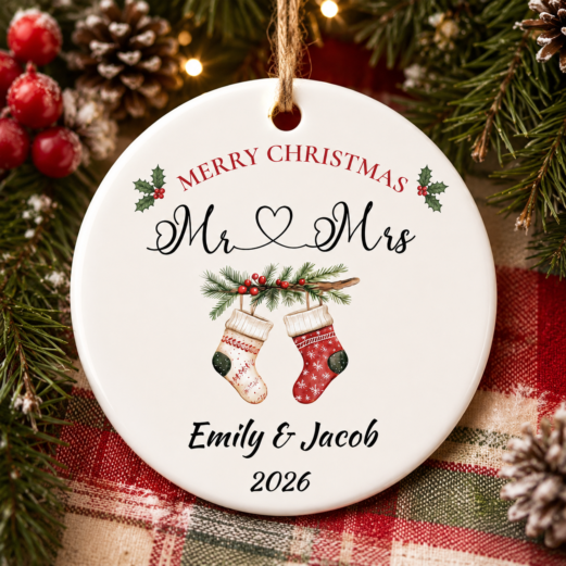 First Christmas Married Ornament, Customized Our First Christmas As Mr And Mrs Christmas Ornament, Personalized Wedding Gift
