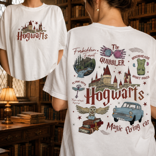 Vintage Magic School Inspired Graphic T-Shirt | Fantasy Castle Back Print Tee | Wizard Academy Aesthetic Shirt