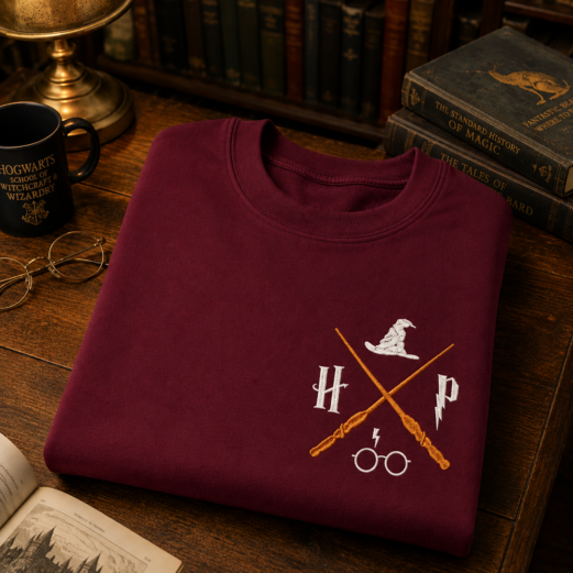 Magic School Embroidered Sweatshirt, Vintage Wizard Inspired Crewneck, Minimal Fantasy Embroidery, Crossed Wands Sweatshirt, Cozy Unisex Gift