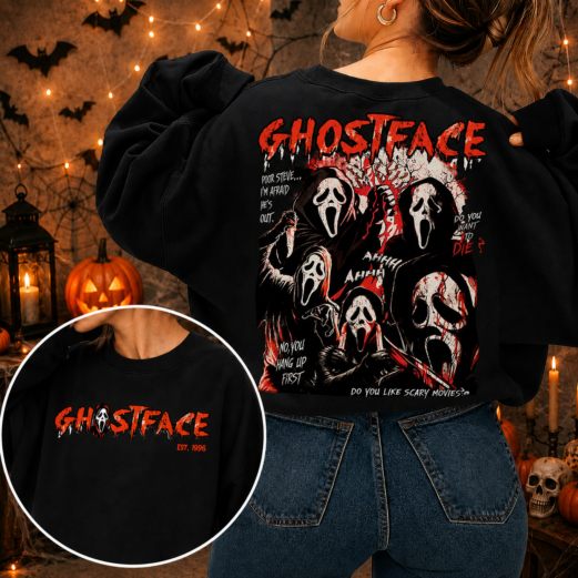 Vintage Ghostface Sweatshirt 2-side, Hoodie, T-Shirt - Horror Shirt, Retro Let's Watch Scary, Halloween Ghostface Sweatshirt