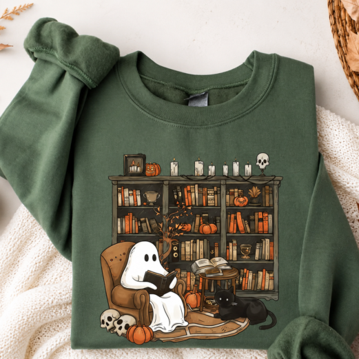 Retro Ghost Reading Sweatshirt, Halloween Librarian Teacher Gift
