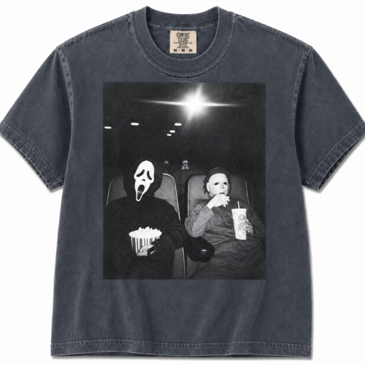 Ghostface and Michael Myers Movie Theater Shirt, Retro Slasher Horror Tee, Halloween Comfort Colors T-Shirt, Spooky Season Graphic Tee
