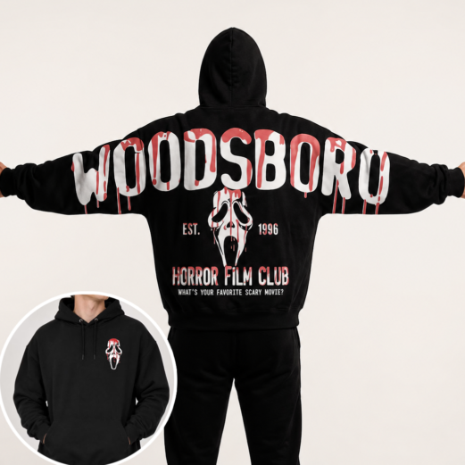 Woodsboro Hoodie, Ghost Spooky Season Hoodie, Halloween Horror Fan Gift, Halloween Arm to Arm Hoodie, Gothic Horror Arm to Arm Woodsboro