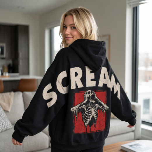 Shoulder-to-Shoulder Scream Skeleton Halloween Hoodie, Special Edition Horror Shirt, Funny Halloween Tshirt, Scary Movie Fan Gift Unisex