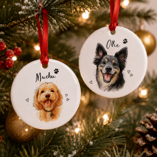 Custom Pet Photo Ornament, Personalized Pet Portrait Ceramic Christmas Decoration
