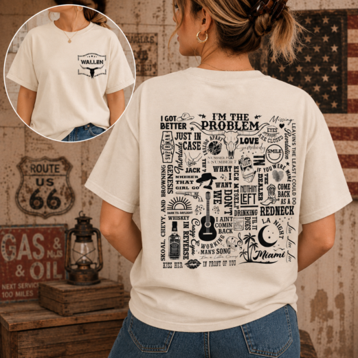 Vintage Lyrics Collage Shirt, Front Back Western Bull Skull Graphic Tee