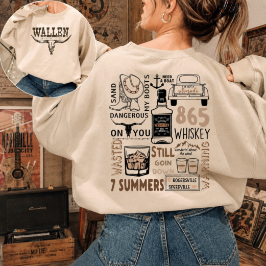 Vintage Song Lyrics Collage Shirt, Front Back Western Bull Skull Graphic Tee