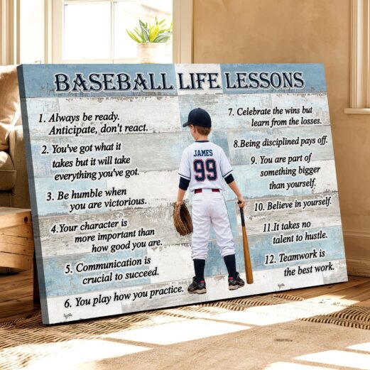 Personalized Baseball Life Lessons Canvas, Custom Sports Poster, Baseball Player, Teamwork Gift for Boyfriend Kids Son Brother