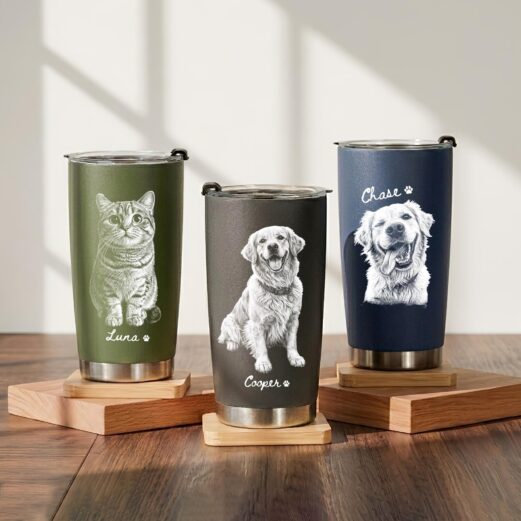 Personalized Pet Photo Tumbler, Custom Dog Cat Portrait Stainless Travel Cup, Printed Pet Name Cup