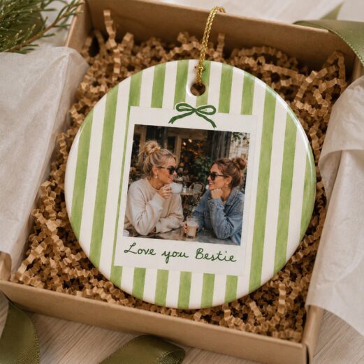 Personalized Bestie Photo Ornament, Striped Ceramic Keepsake, Friendship Gift