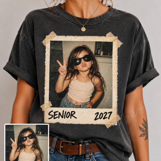Personalised Vintage Photo And Year Senior Shirt, Custom Graduate Picture Shirt, Class of 2027 Graduation Gift, Back To School Shirt