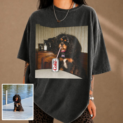 Custom Dog Drinking Diet Coke Shirt, Personalized Photo Meme Tee, Vintage Bootleg Style
